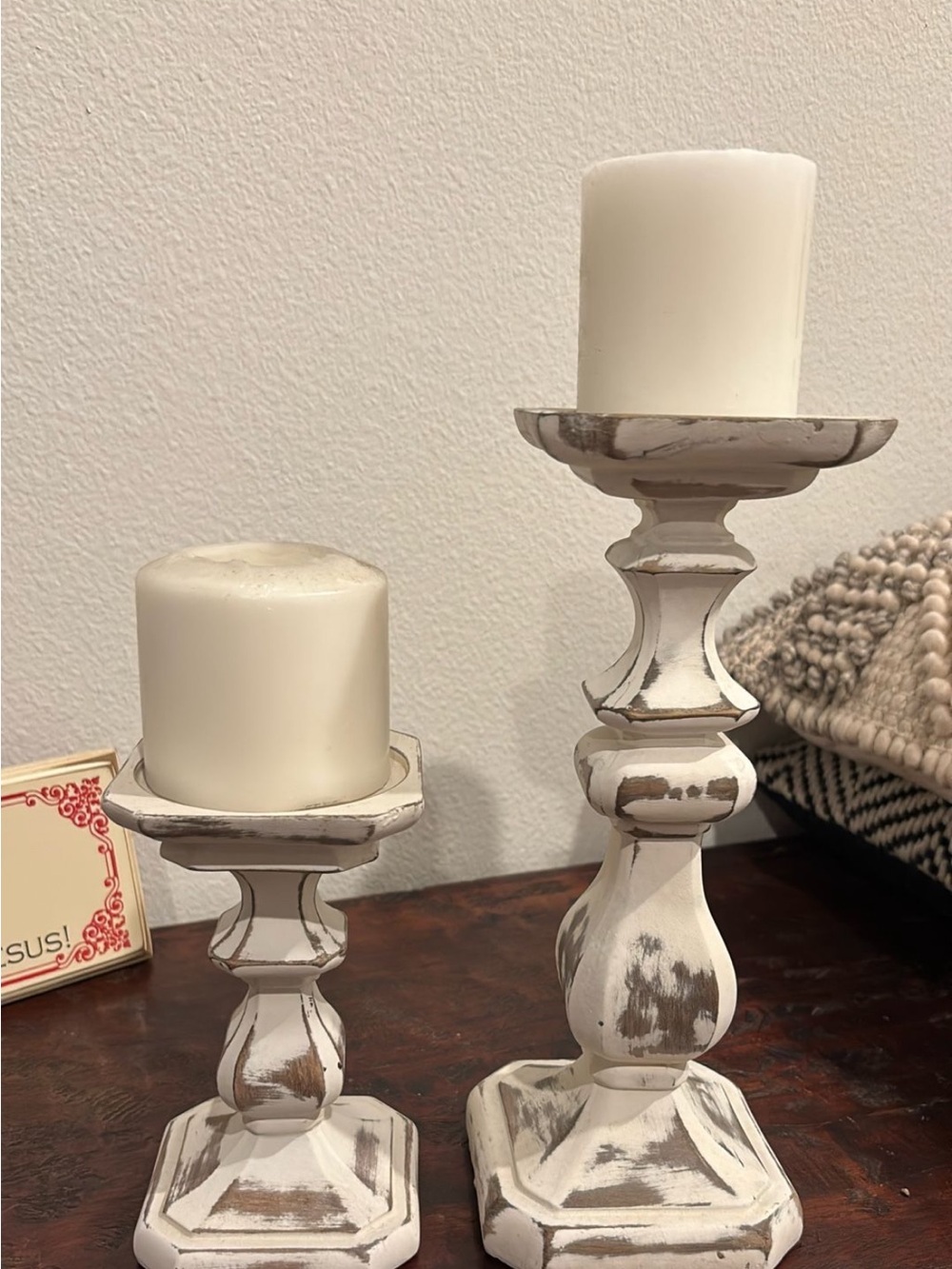 Hobby Lobby Creamy White Distressed Wood Candle Holders - Set of 2
